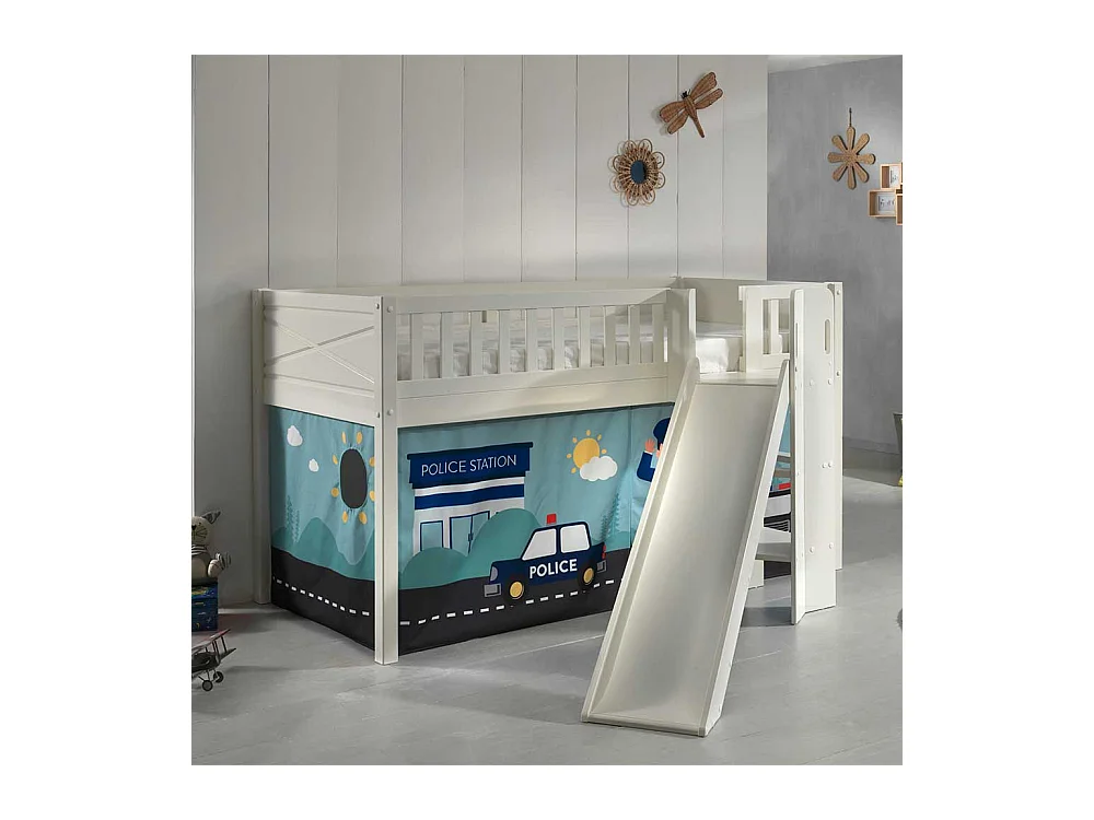 Hochbettgestell aus Kiefer Massivholz Polizei Motiv Vorhang