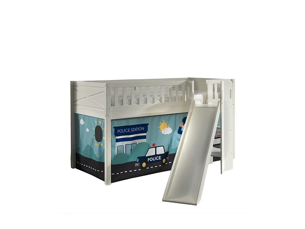 Hochbettgestell aus Kiefer Massivholz Polizei Motiv Vorhang