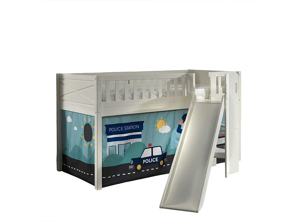 Hochbettgestell aus Kiefer Massivholz Polizei Motiv Vorhang