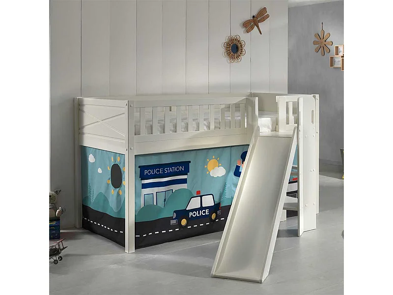 Hochbettgestell aus Kiefer Massivholz Polizei Motiv Vorhang