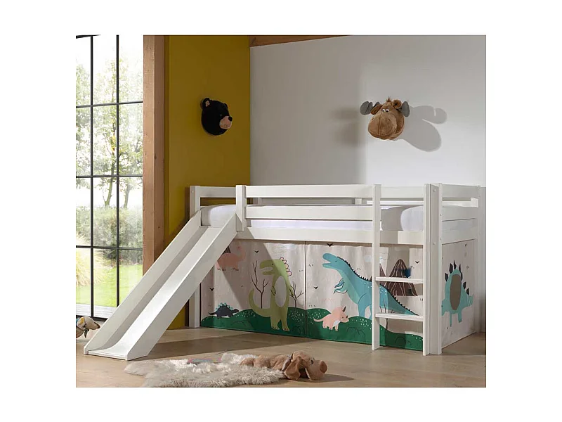 Halbhohes Rutschen Bett in Weiß Dinosaurier Motiv