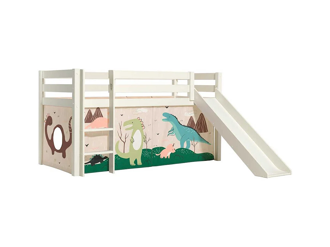 Halbhohes Rutschen Bett in Weiß Dinosaurier Motiv