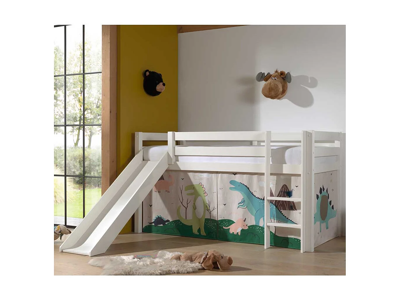 Halbhohes Rutschen Bett in Weiß Dinosaurier Motiv