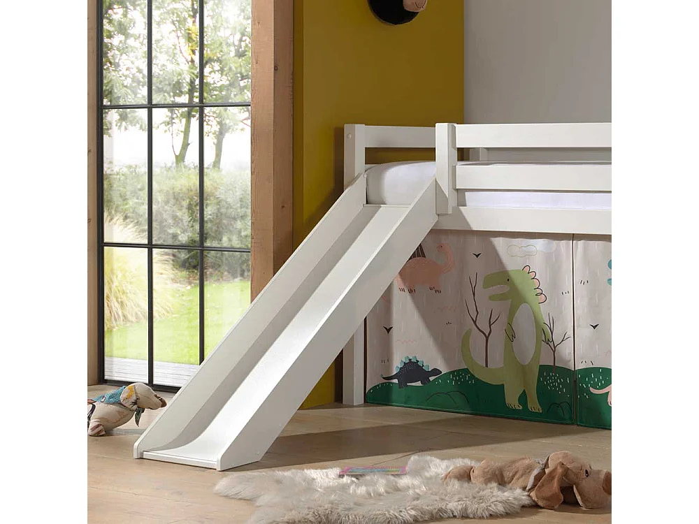 Halbhohes Rutschen Bett in Weiß Dinosaurier Motiv