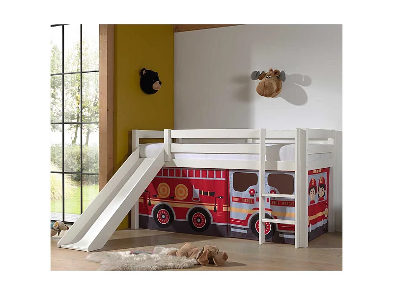 Feuerwehrauto Bett aus Kiefer Massivholz Vorhang Set