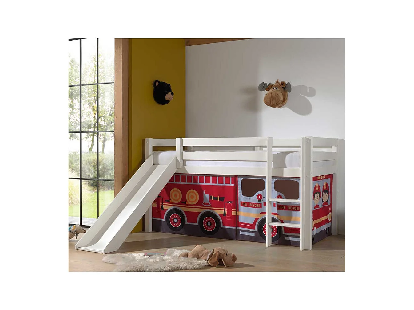 Feuerwehrauto Bett aus Kiefer Massivholz Vorhang Set