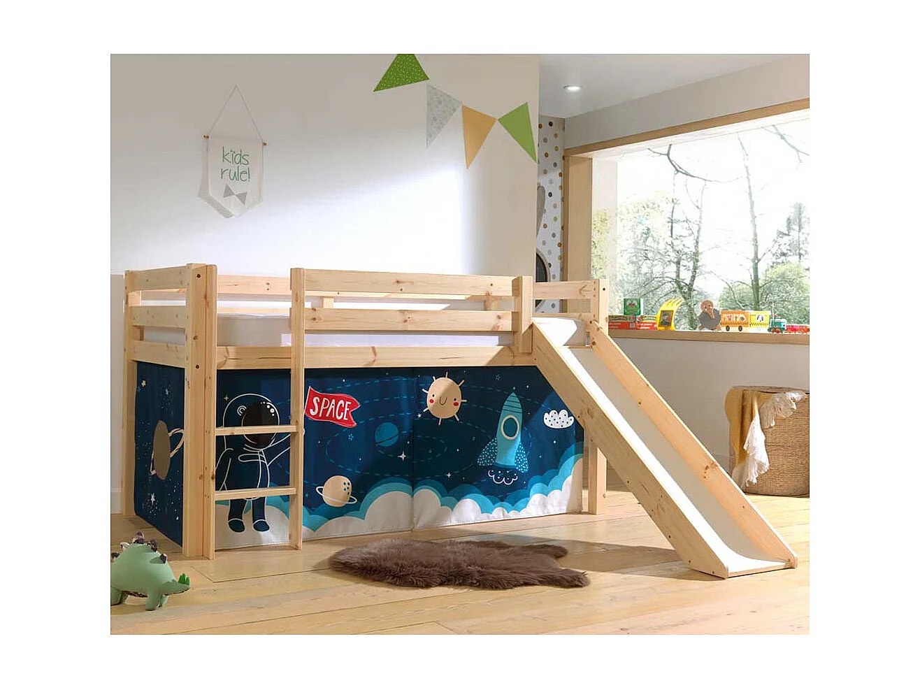 Halbhochbett Junge aus Kiefer Massivholz Astronauten Vorhang