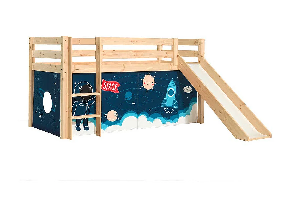 Halbhochbett Junge aus Kiefer Massivholz Astronauten Vorhang