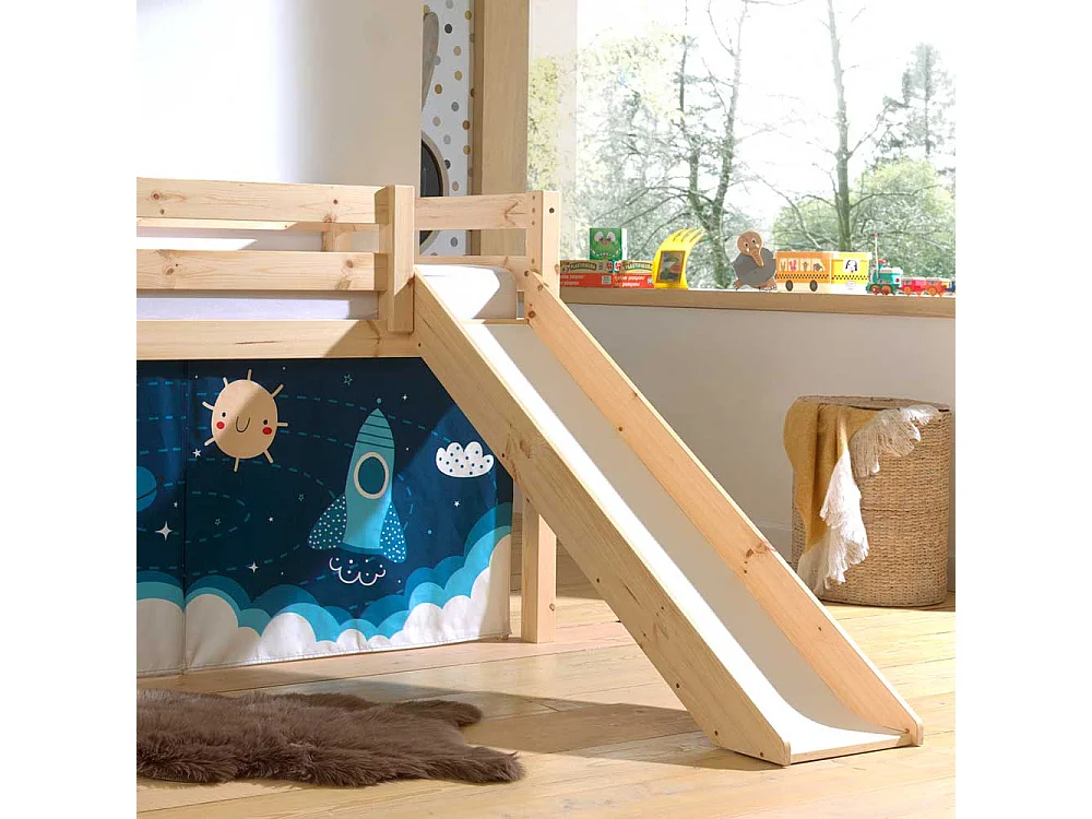 Halbhochbett Junge aus Kiefer Massivholz Astronauten Vorhang