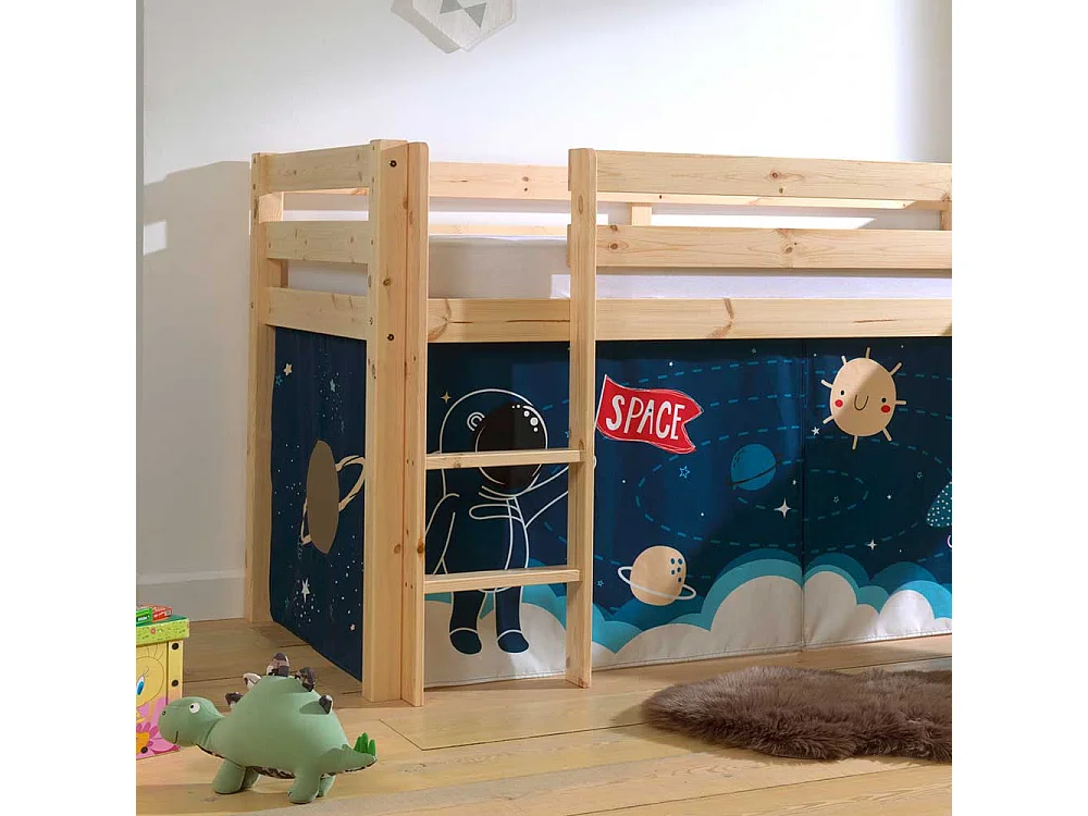Halbhochbett Junge aus Kiefer Massivholz Astronauten Vorhang