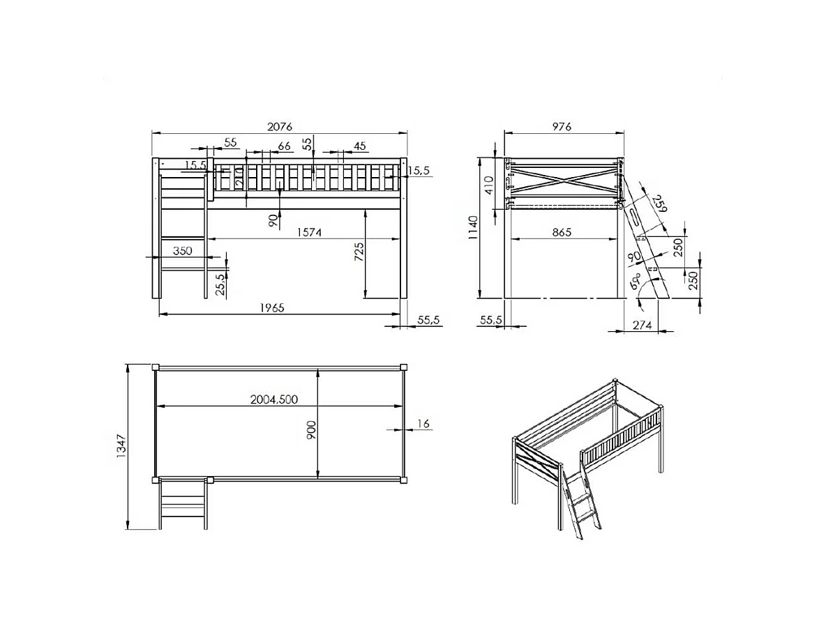 Kinder Etagenbett aus Kiefer Massivholz 114 cm hoch