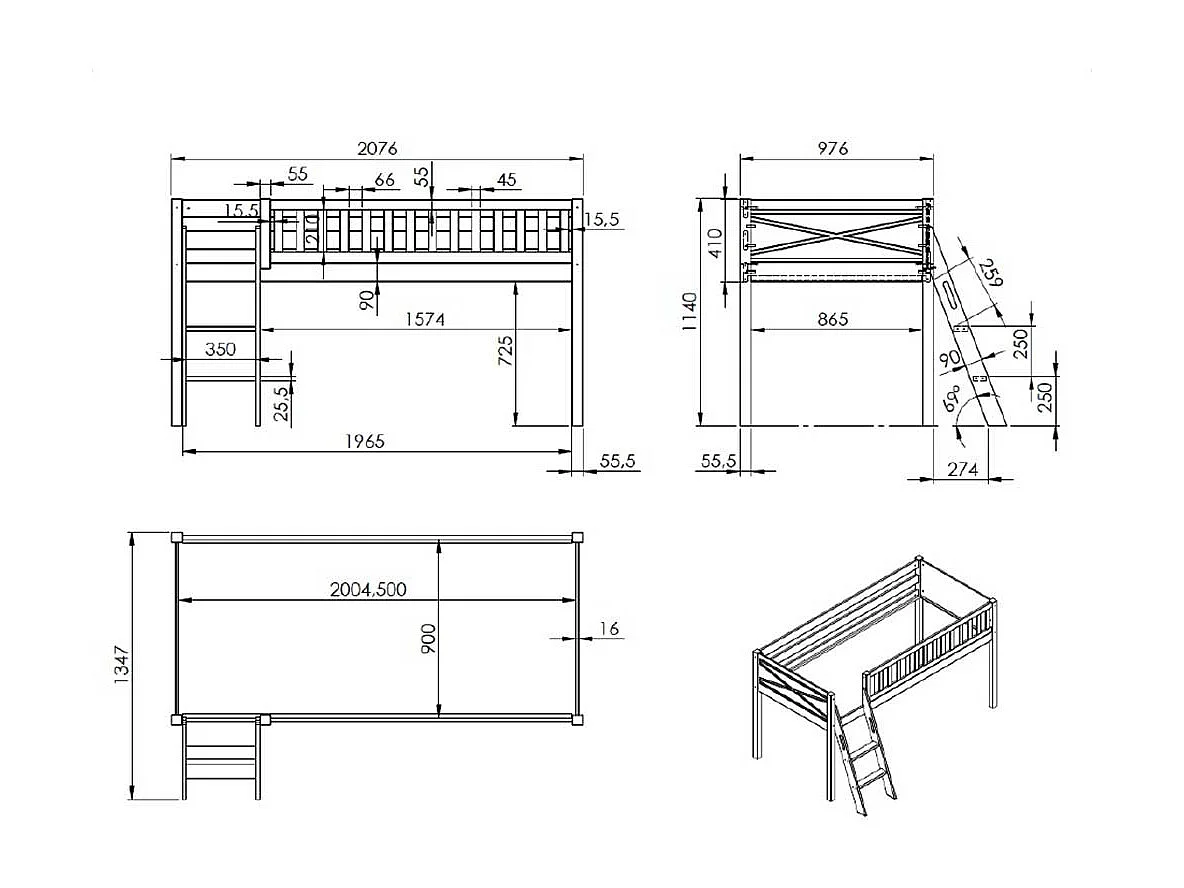 Kinder Etagenbett aus Kiefer Massivholz 114 cm hoch