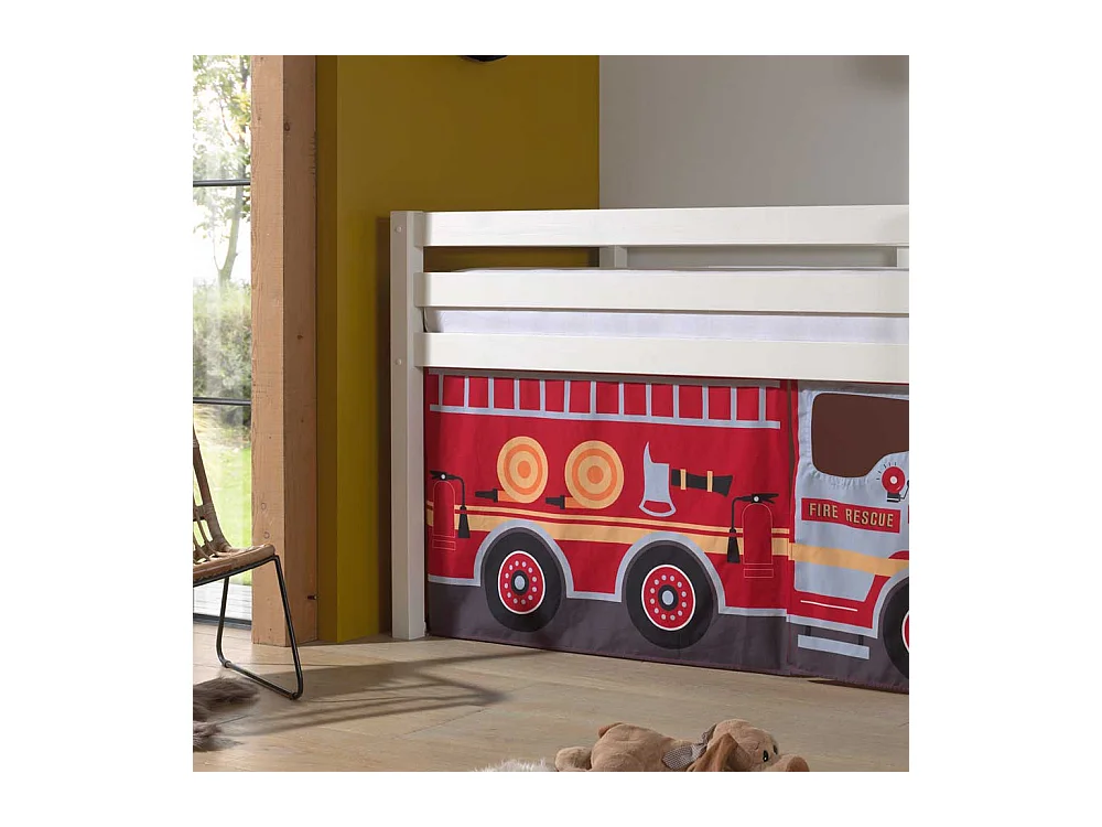 Kinderzimmerbett aus Kiefer Massivholz Vorhang Set Feuerwehr