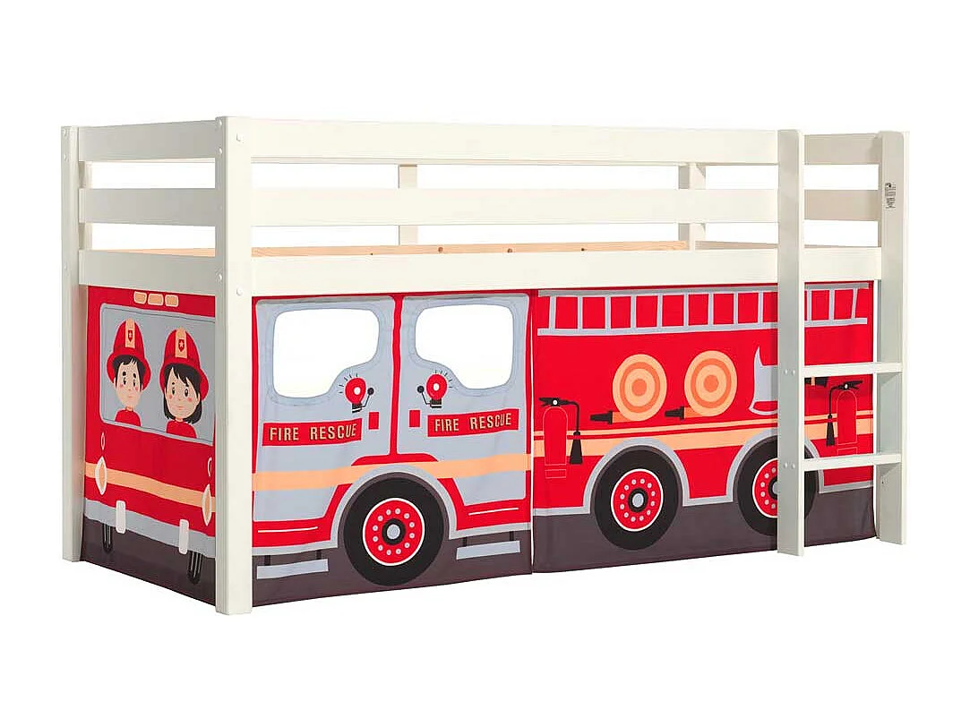 Kinderzimmerbett aus Kiefer Massivholz Vorhang Set Feuerwehr