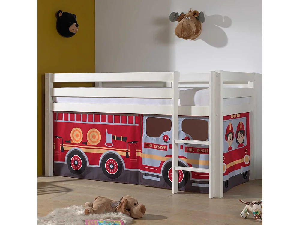 Kinderzimmerbett aus Kiefer Massivholz Vorhang Set Feuerwehr