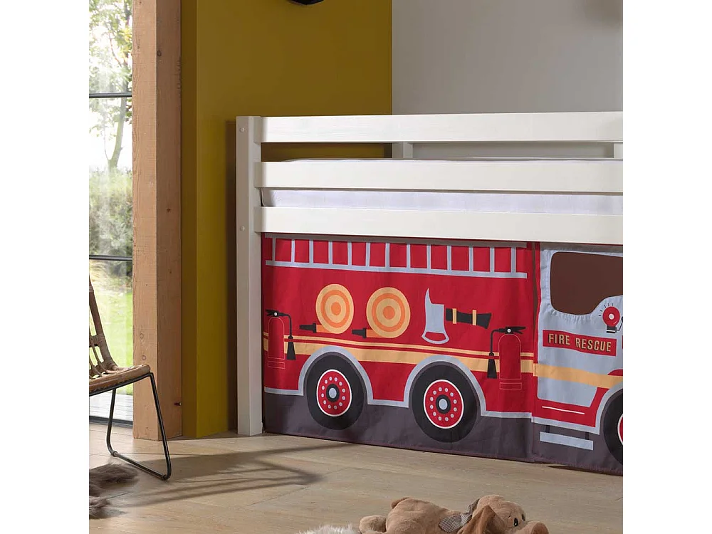 Kinderzimmerbett aus Kiefer Massivholz Vorhang Set Feuerwehr