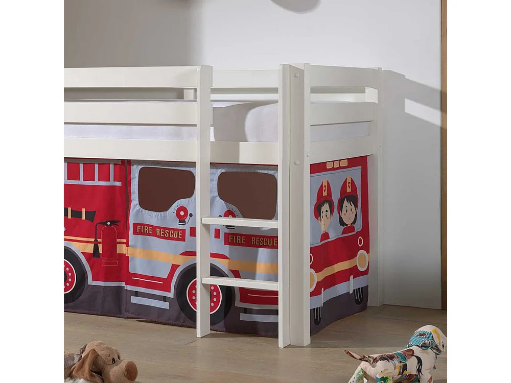 Kinderzimmerbett aus Kiefer Massivholz Vorhang Set Feuerwehr