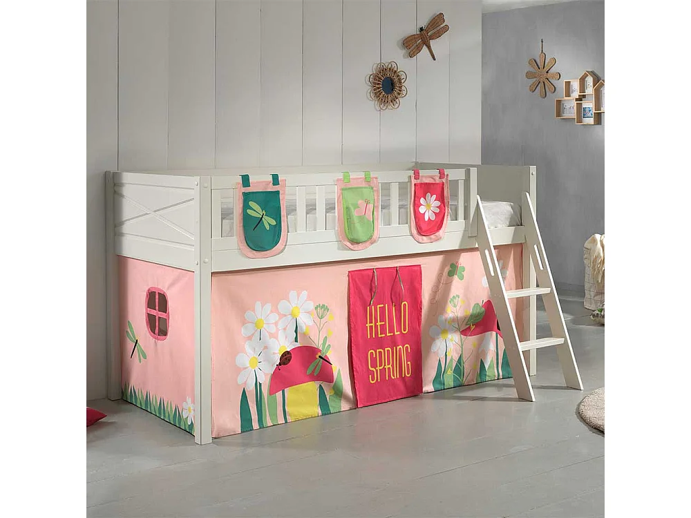 Kinderzimmerbett bunt aus Kiefer Massivholz Blumen Motiv