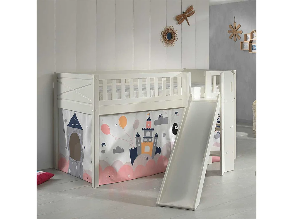 Hohes Kinderzimmerbett aus Kiefer Massivholz Märchen Motiv Vorhang