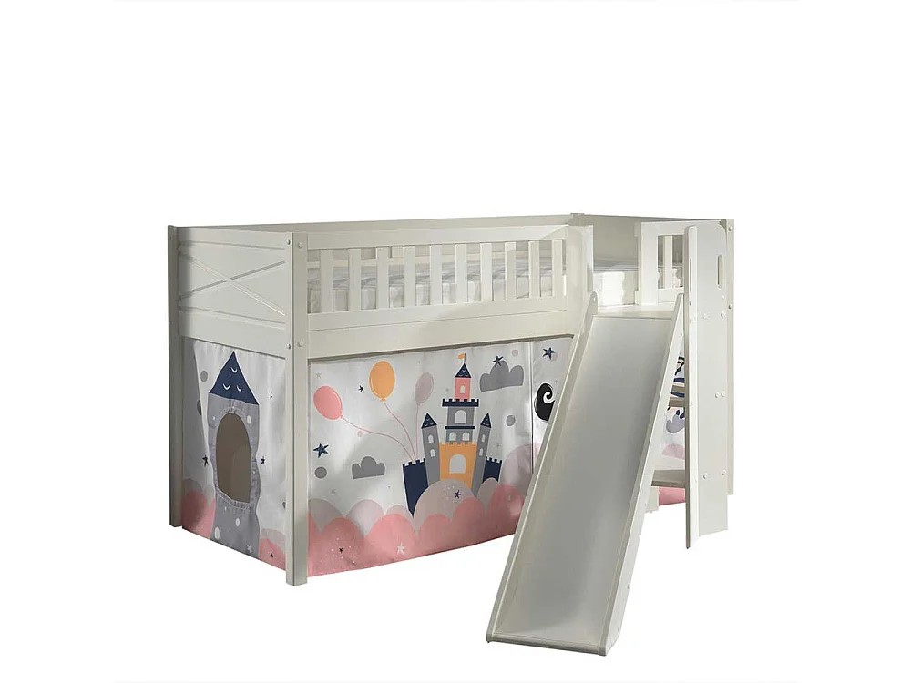 Hohes Kinderzimmerbett aus Kiefer Massivholz Märchen Motiv Vorhang