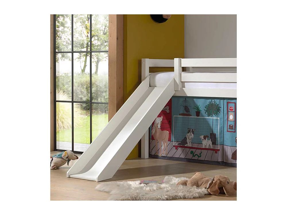 Rutschen Hochbett in Weiß Vorhang mit Tier Motiven