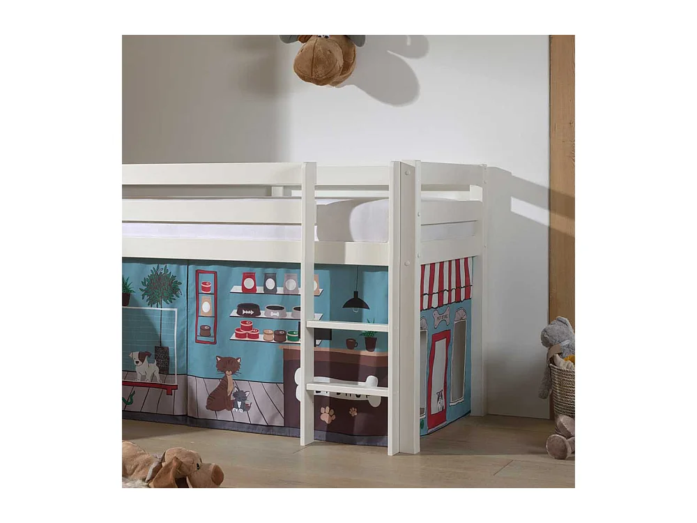 Rutschen Hochbett in Weiß Vorhang mit Tier Motiven