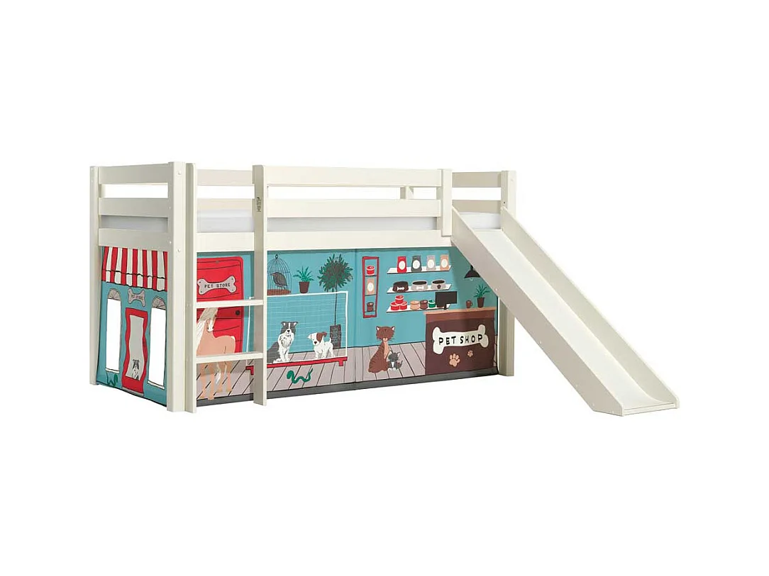 Rutschen Hochbett in Weiß Vorhang mit Tier Motiven