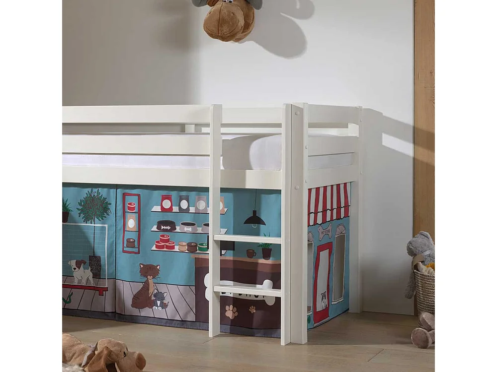 Rutschen Hochbett in Weiß Vorhang mit Tier Motiven