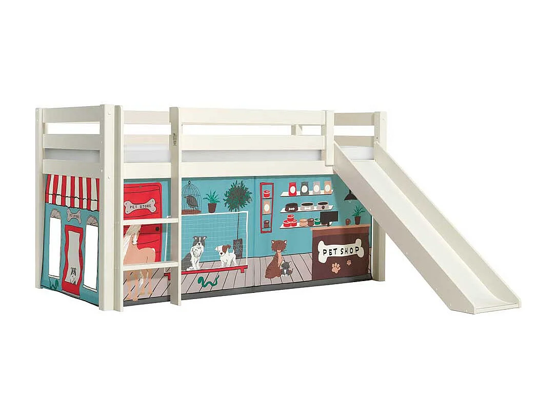 Rutschen Hochbett in Weiß Vorhang mit Tier Motiven