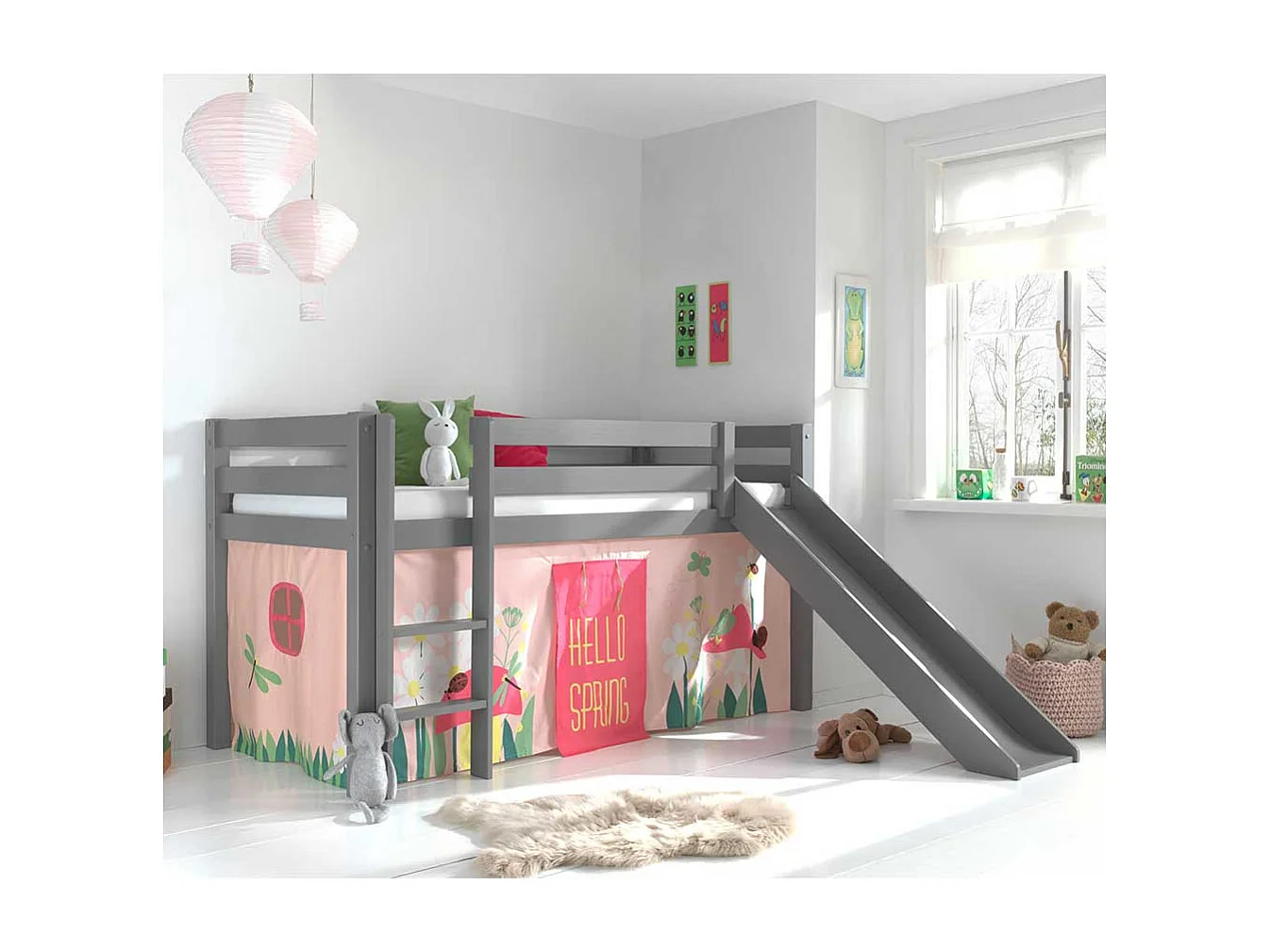 Hochbett mit Rutsche und Spielvorhang Grau Rosa