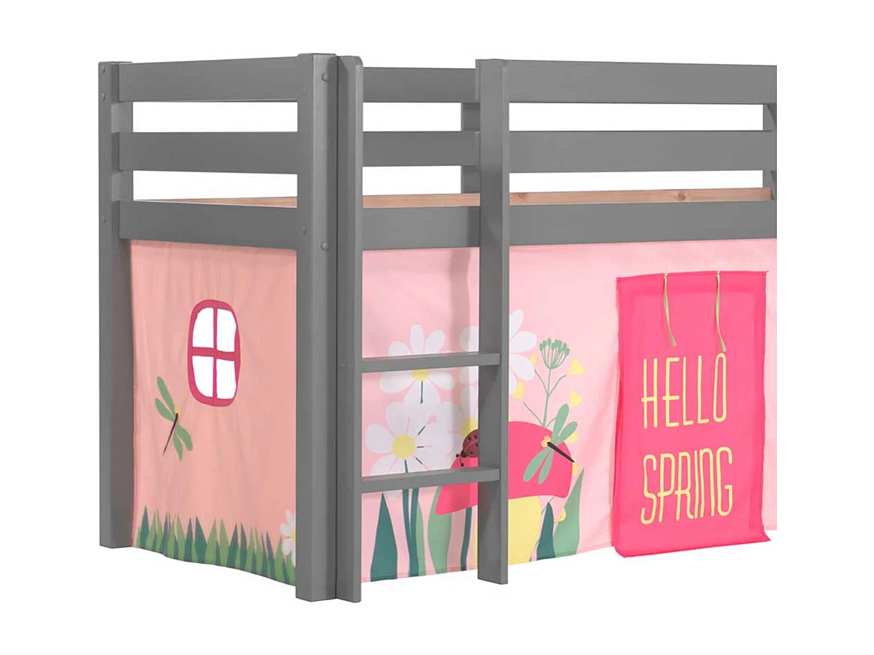 Hochbett mit Rutsche und Spielvorhang Grau Rosa