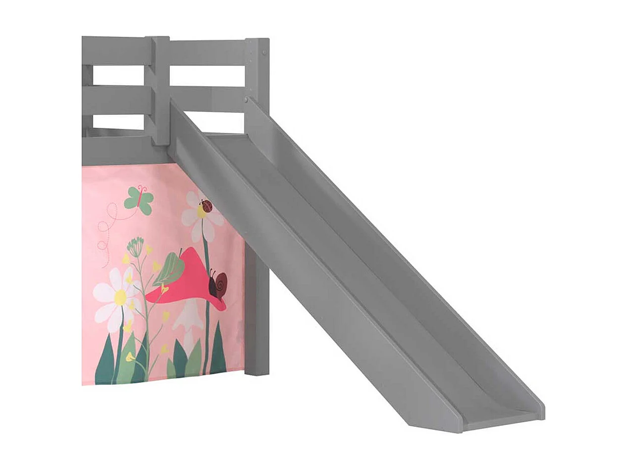 Hochbett mit Rutsche und Spielvorhang Grau Rosa