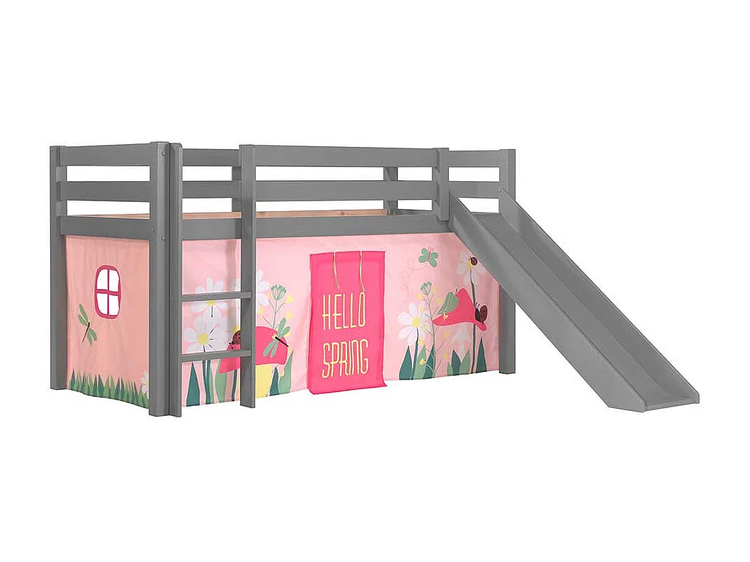 Hochbett mit Rutsche und Spielvorhang Grau Rosa