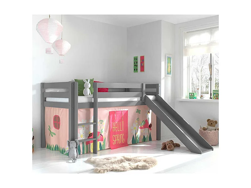 Hochbett mit Rutsche und Spielvorhang Grau Rosa