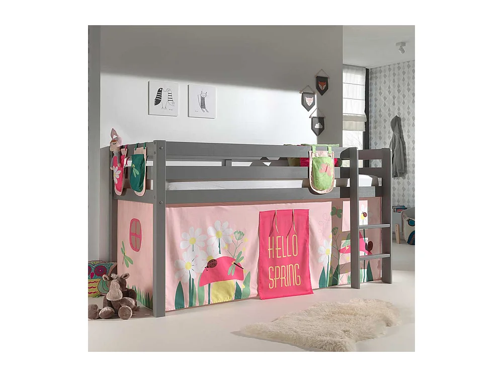 Mädchen Hochbett aus Kiefer Massivholz Grau Rosa Pink