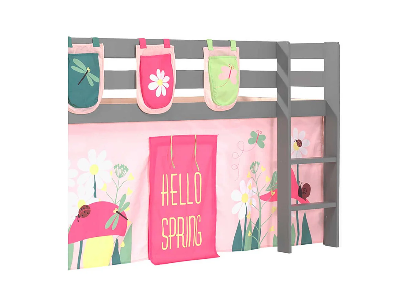 Mädchen Hochbett aus Kiefer Massivholz Grau Rosa Pink