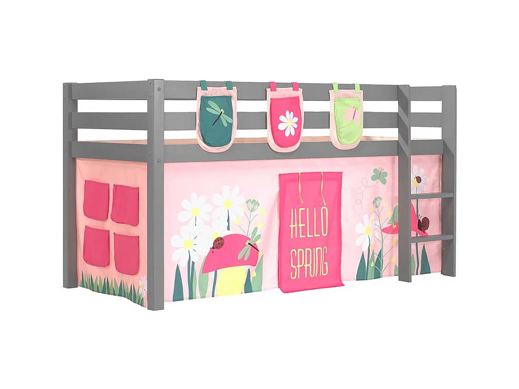 Mädchen Hochbett aus Kiefer Massivholz Grau Rosa Pink