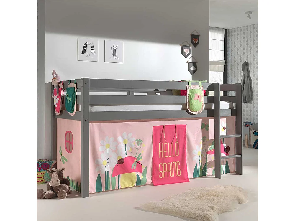 Mädchen Hochbett aus Kiefer Massivholz Grau Rosa Pink