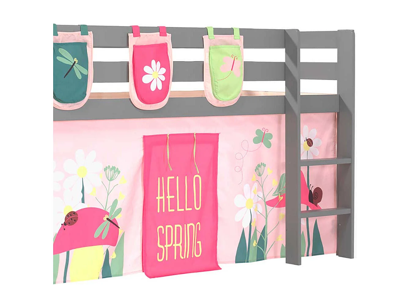 Mädchen Hochbett aus Kiefer Massivholz Grau Rosa Pink