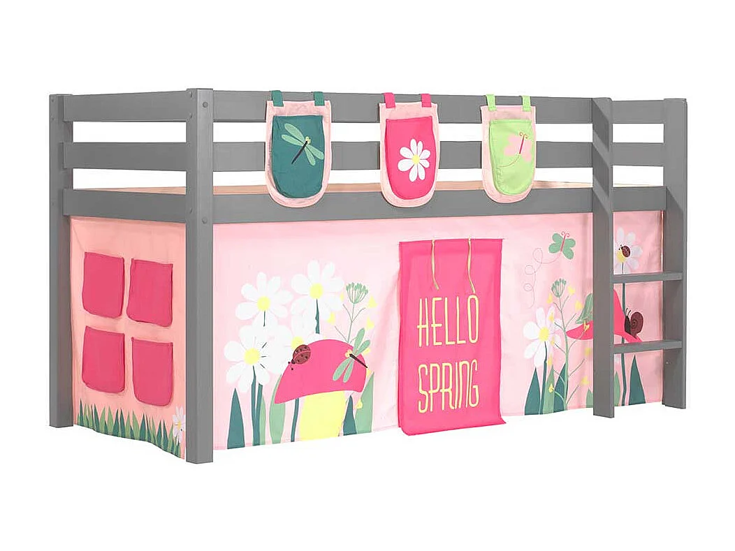 Mädchen Hochbett aus Kiefer Massivholz Grau Rosa Pink