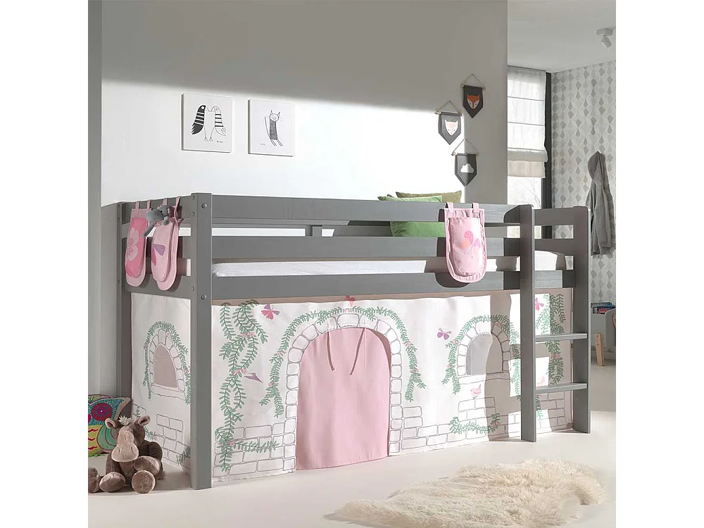 Hochbett Kind in Grau und Rosa Vorhang