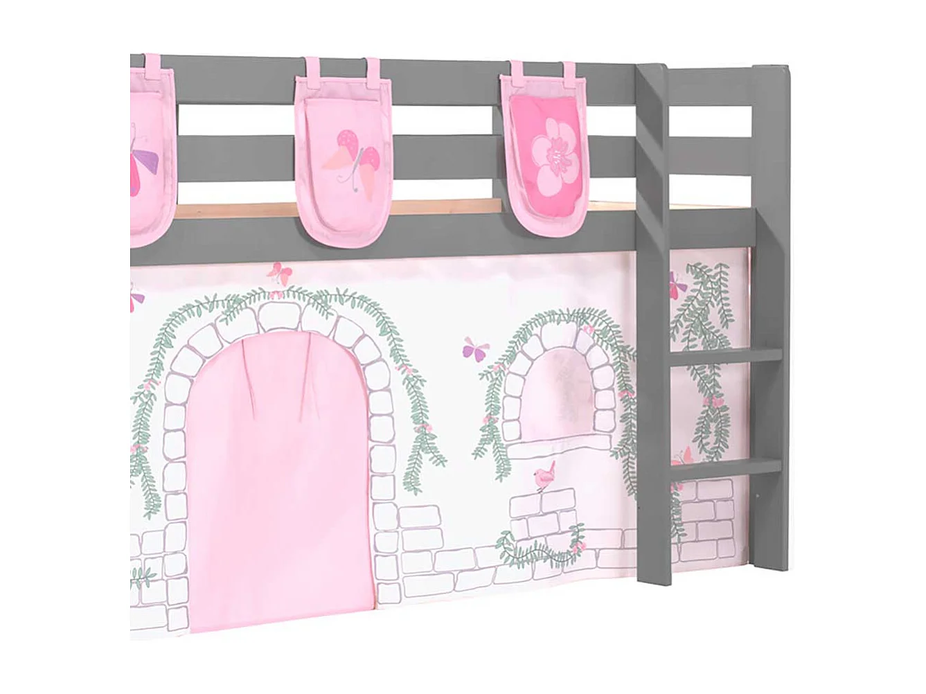 Hochbett Kind in Grau und Rosa Vorhang