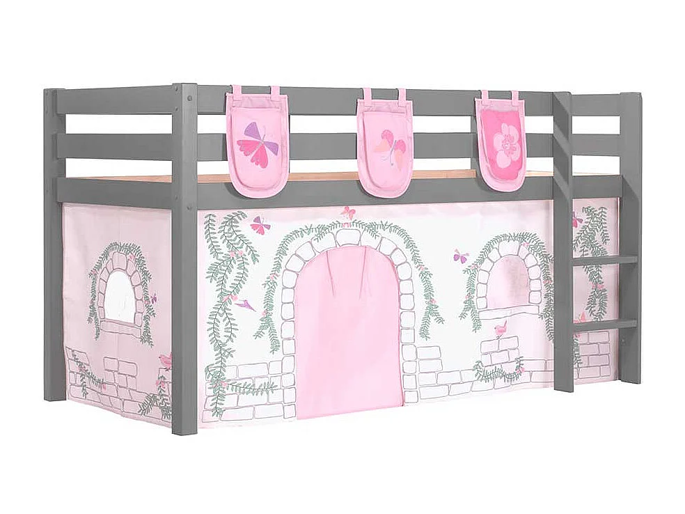 Hochbett Kind in Grau und Rosa Vorhang