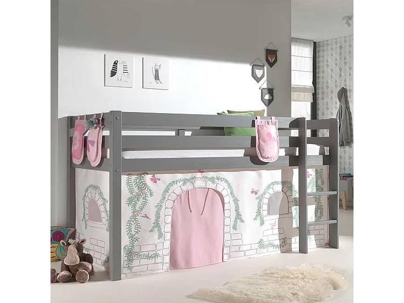 Hochbett Kind in Grau und Rosa Vorhang