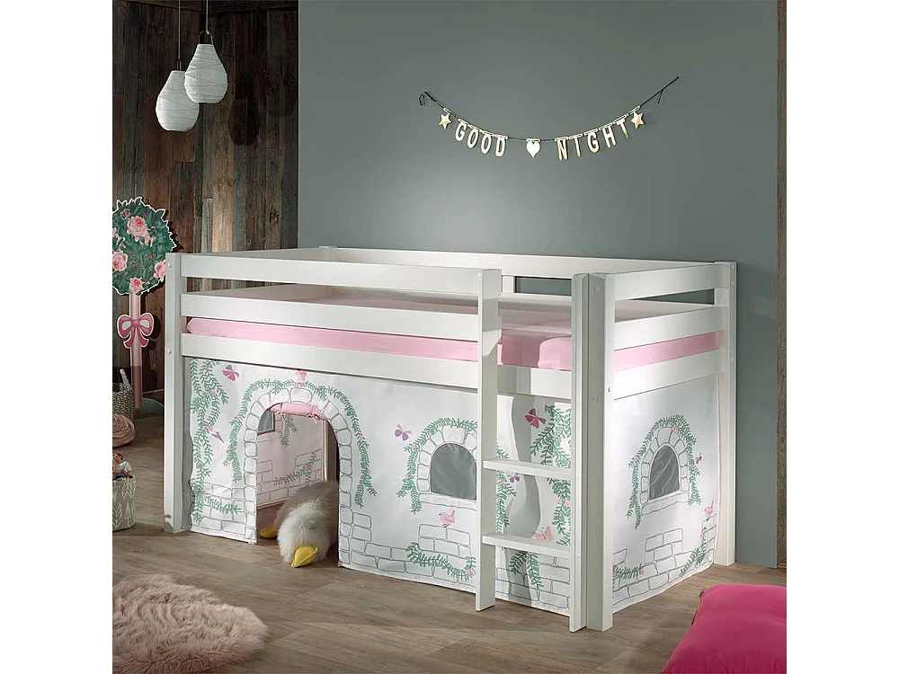 Kinder Halbhochbett in Weiß Kiefer Massivholz