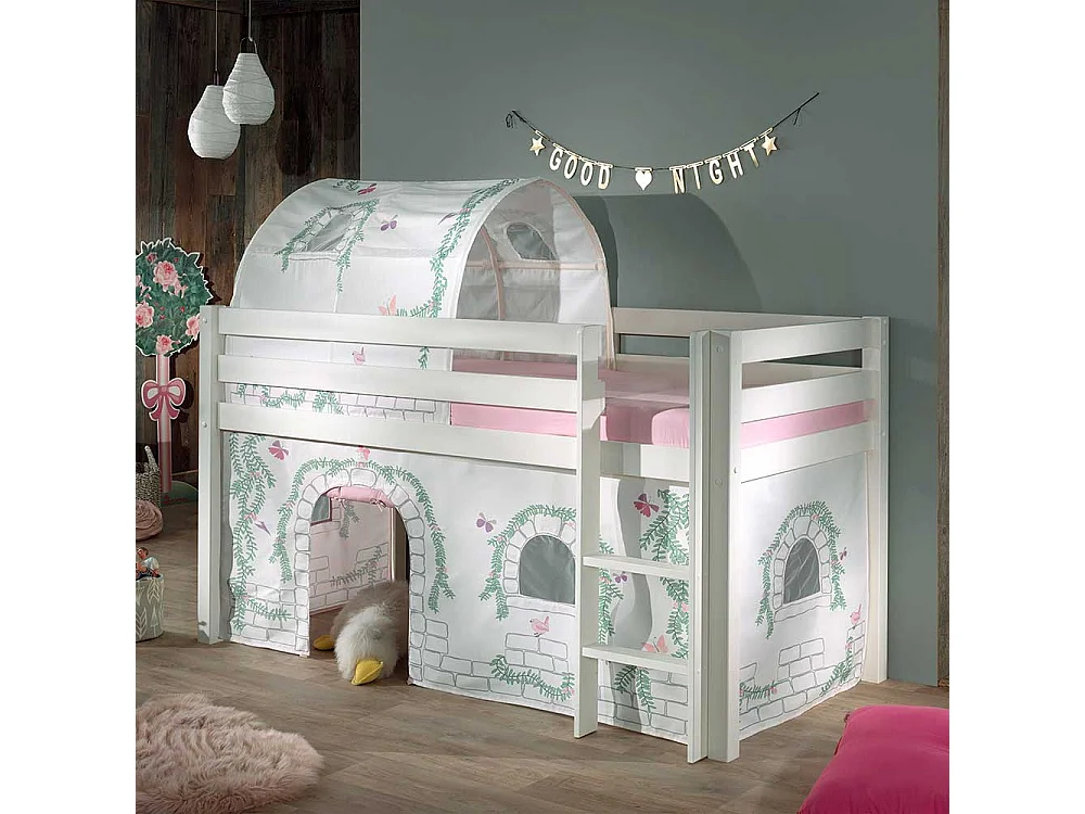 Kinder Halbhochbett in Weiß Kiefer Massivholz