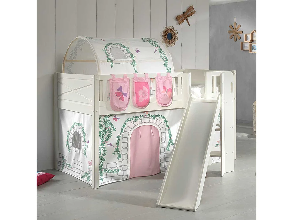 Kinderspielbett aus Kiefer Massivholz Vorhang Set