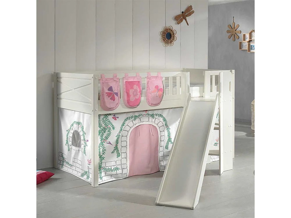 Kinderspielbett aus Kiefer Massivholz Vorhang Set