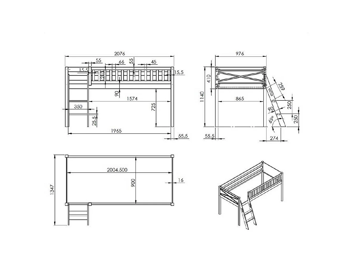 Kinder Halbhochbett inklusive Leiter Vorhang