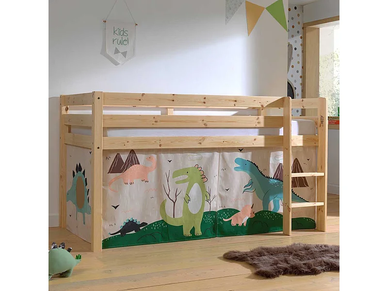 Massivholz Hochbett aus Kiefer Dinosaurier Vorhang Set